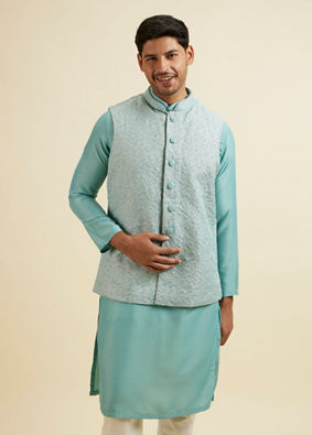 alt message - Manyavar Men Aqua Green Kurta Jacket Set with Exquisite Hand Embroidery and Cutdana Work image number 0